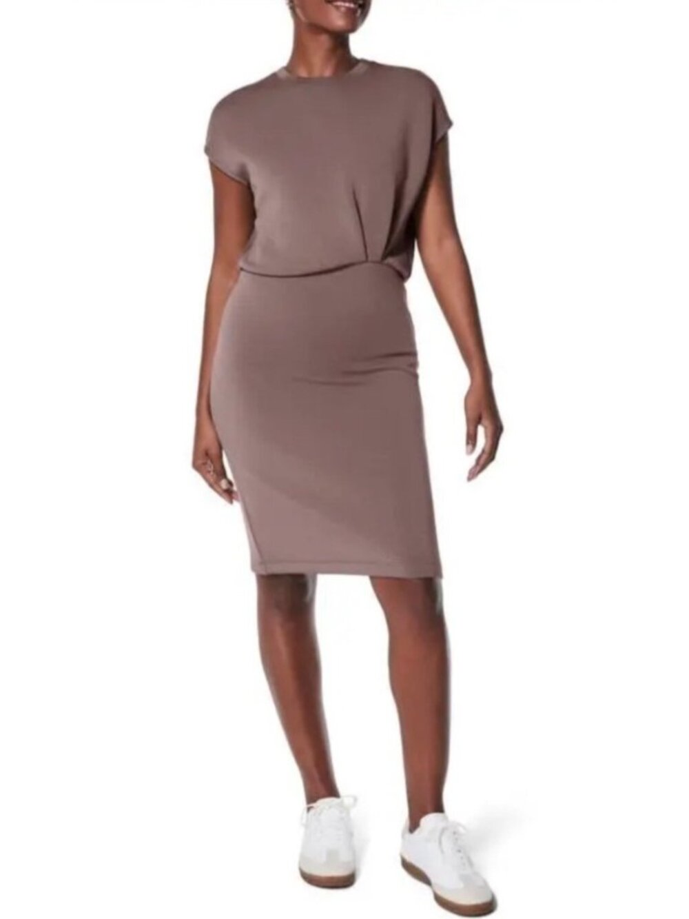 NEW Spanx Air Essentials Faux Tuck Pleated Mini Dress Smoke Short-Sleeve Large